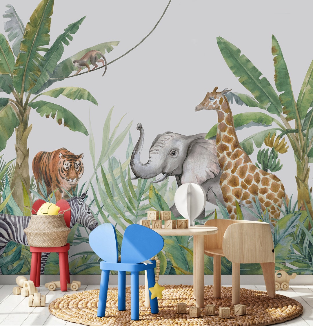 Safari Wallpaper Nursery Mural Jungle Wallpaper Kids Peel & - Etsy