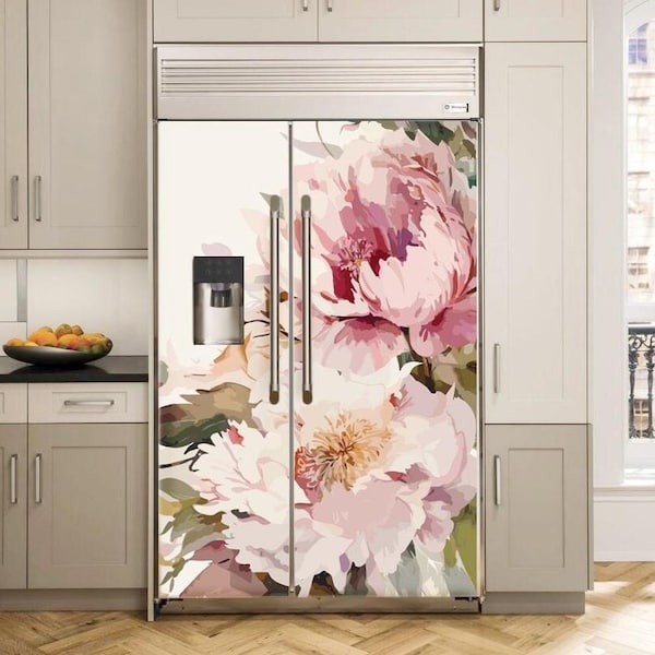 Peony Kühlschrankfolie Vintage Floral Boho Kühlschrankfolie Vinyl Side by Side, dekorative Kühlschrankaufkleber Selbstklebende Blumenküche Dekor