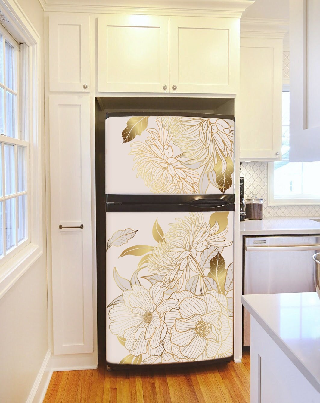 Floral Fridge Wrap Vinyl, Refrigerator Wrap Side by Side Gold White ...