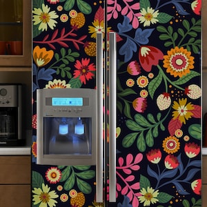 Refrigerator Wrap Side by Side Floral Fridge Wrap Vinyl Top Bottom Freezer Fridge Decal Stickers Removable Refrigerator Decal Skin Custom