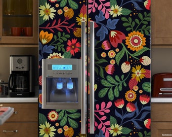 Refrigerator Wrap Side by Side Floral Fridge Wrap Vinyl Top Bottom Freezer Fridge Decal Stickers Removable Refrigerator Decal Skin Custom