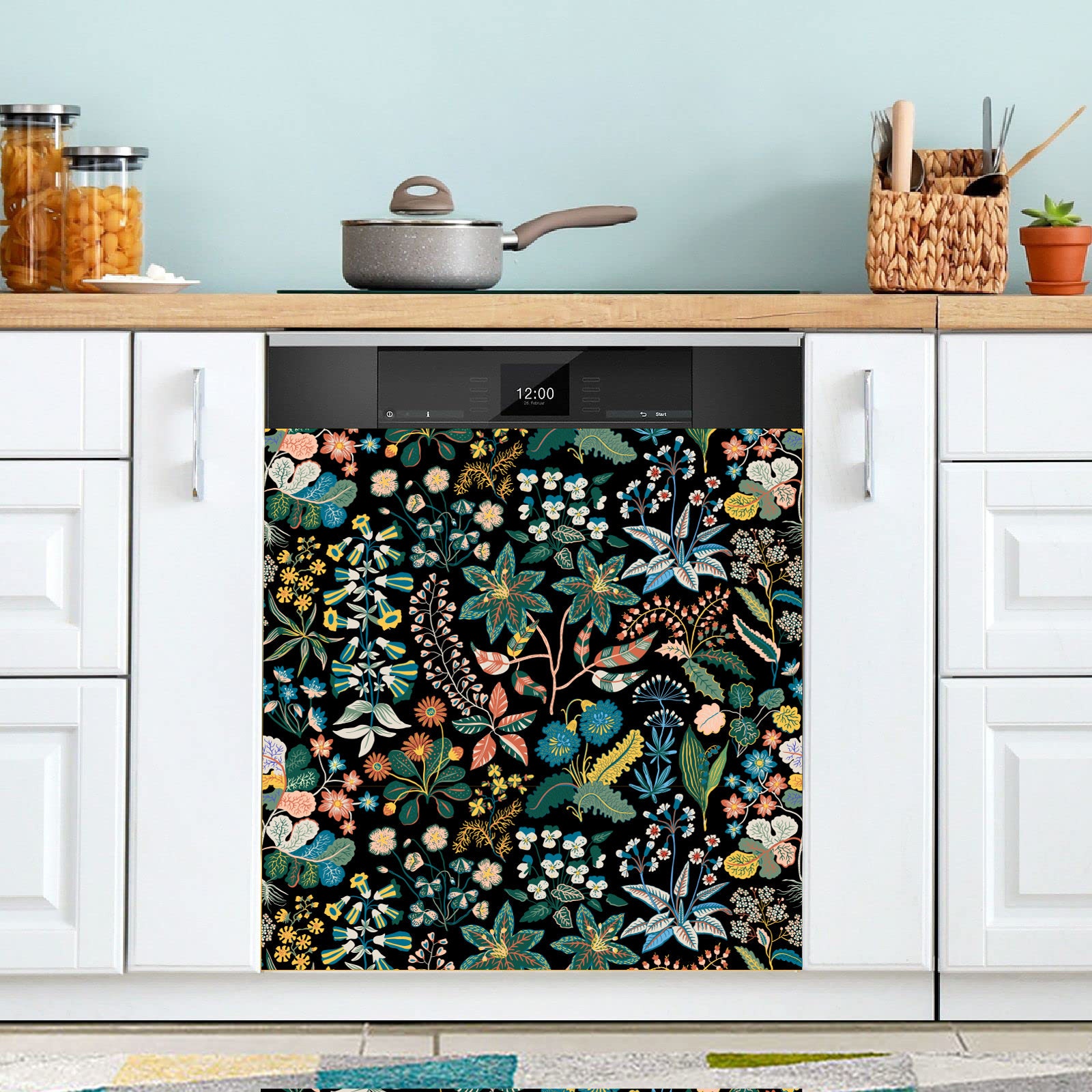 Dishwasher Magnet Cover Vintage Floral, Retro Dark Botanical Kitchen Dishwasher Wrap