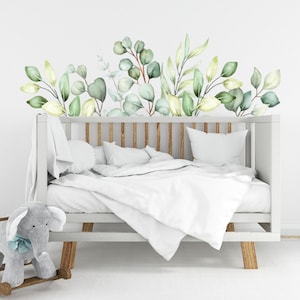 Groen botanische muurstickers, eucalyptus muursticker, muursticker bladeren, aquarel groen muurstickers, muursticker kinderkamer bladeren