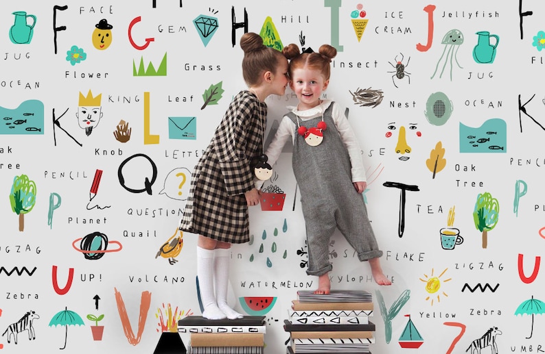 Alphabet Wallpaper Kids Room, Kids Playroom Wallpaper Peel & Stick Nursery, Wall Mural Self Adhesive Neutral Wallpaper, Colorful Wallpaper