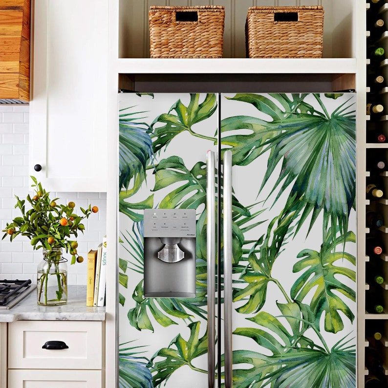 Refrigerator Wrap Side by Side Tropical Fridge Wrap Coastal Vinyl Decal Stickers Tropical Leaf Kitchen Decor Removable Green Fridge Decal image 2