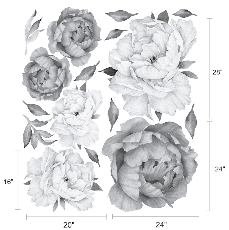 Large Peony Wall Decal Black and White Large Peonies Wall Etsy