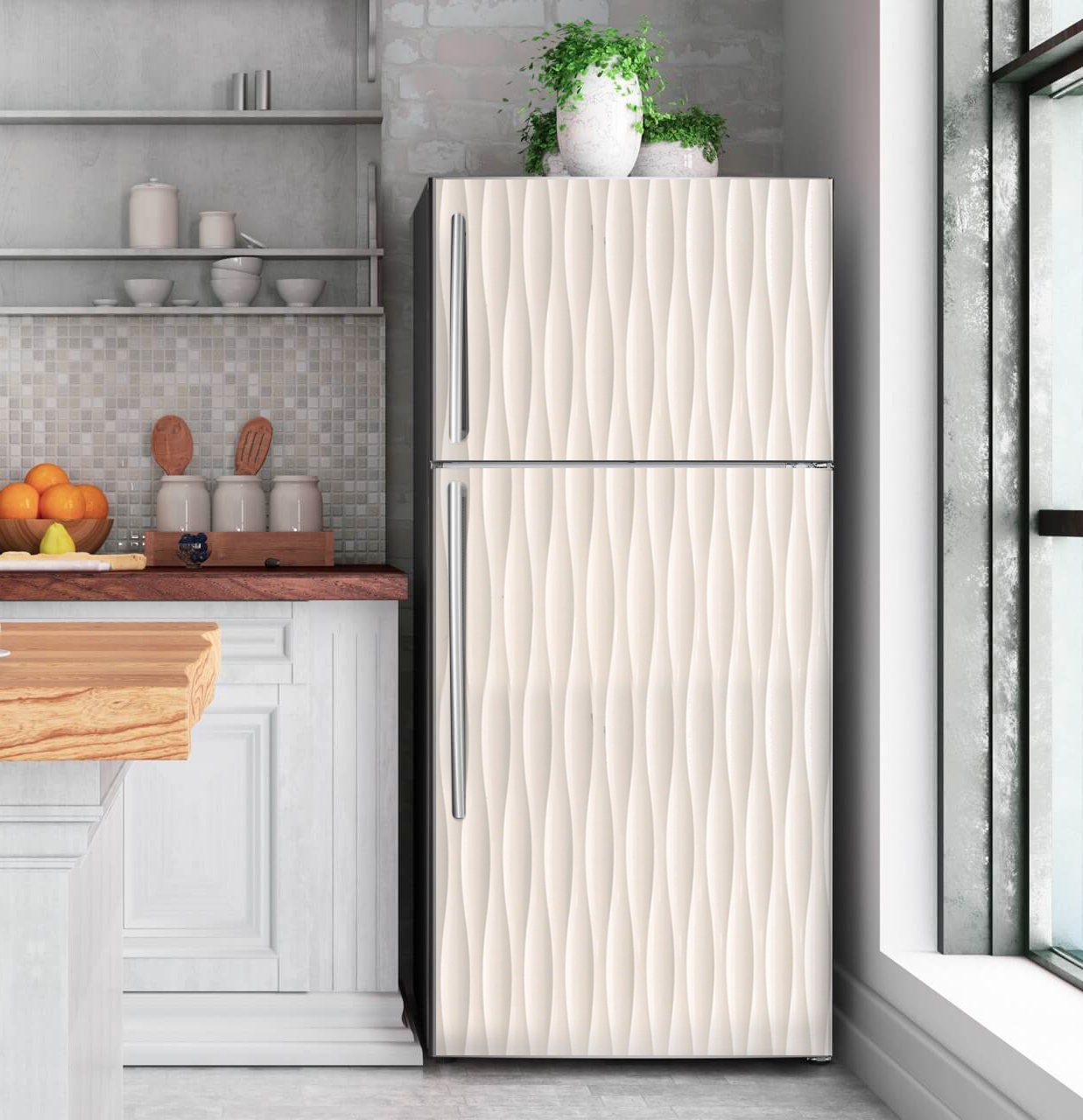 3D White Fridge Wrap Geometric Refrigerator Wrap Vinyl Side by Side Top  Bottom Freezer Decals Skin Self Adhesive Modern Kitchen Decor 