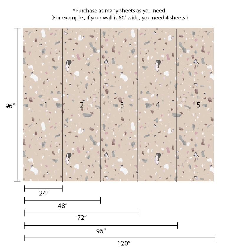 Puede incluir: Un patr&oacute;n de papel tapiz de terrazo beige con un dise&ntilde;o repetitivo de peque&ntilde;as virutas blancas, grises y rosas. El papel tapiz est&aacute; dividido en cinco secciones, cada una de 61 cm de ancho y 244 cm de alto. La imagen incluye texto que dice "*Compra tantas hojas como necesites. (Por ejemplo, si tu pared tiene 203 cm de ancho, necesitas 4 hojas.)"