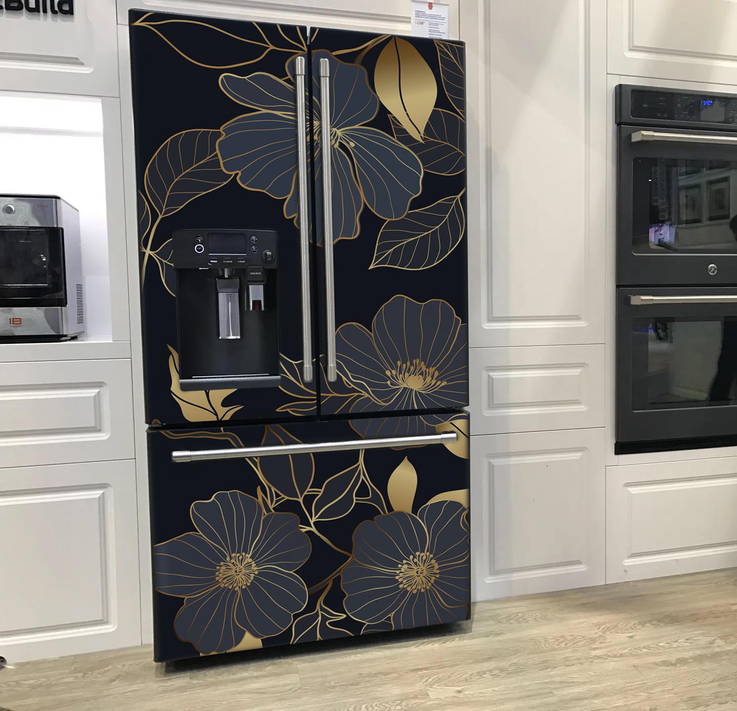 Fridge Wrap Vinyl Black Floral, Refrigerator Wrap Side by Side Gold ...