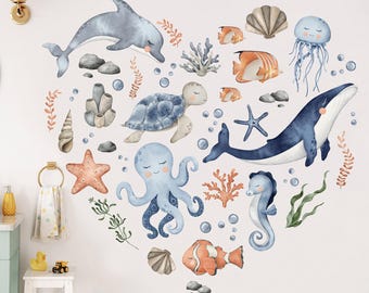 Sea Animals Wall Decals for Kids Bathroom, Ocean Watercolor Nursery Wall Decals, Underwater Theme Kids Room Vinyl Whale Wall Stickers Decor