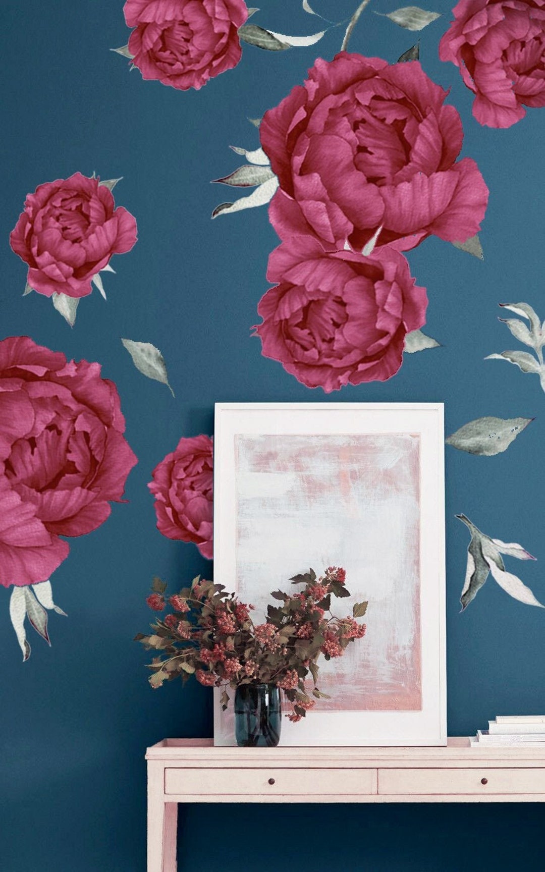 Burgundy Peony Wall Decals, Vintage Floral Wall Decals, Red Flower Wall ...