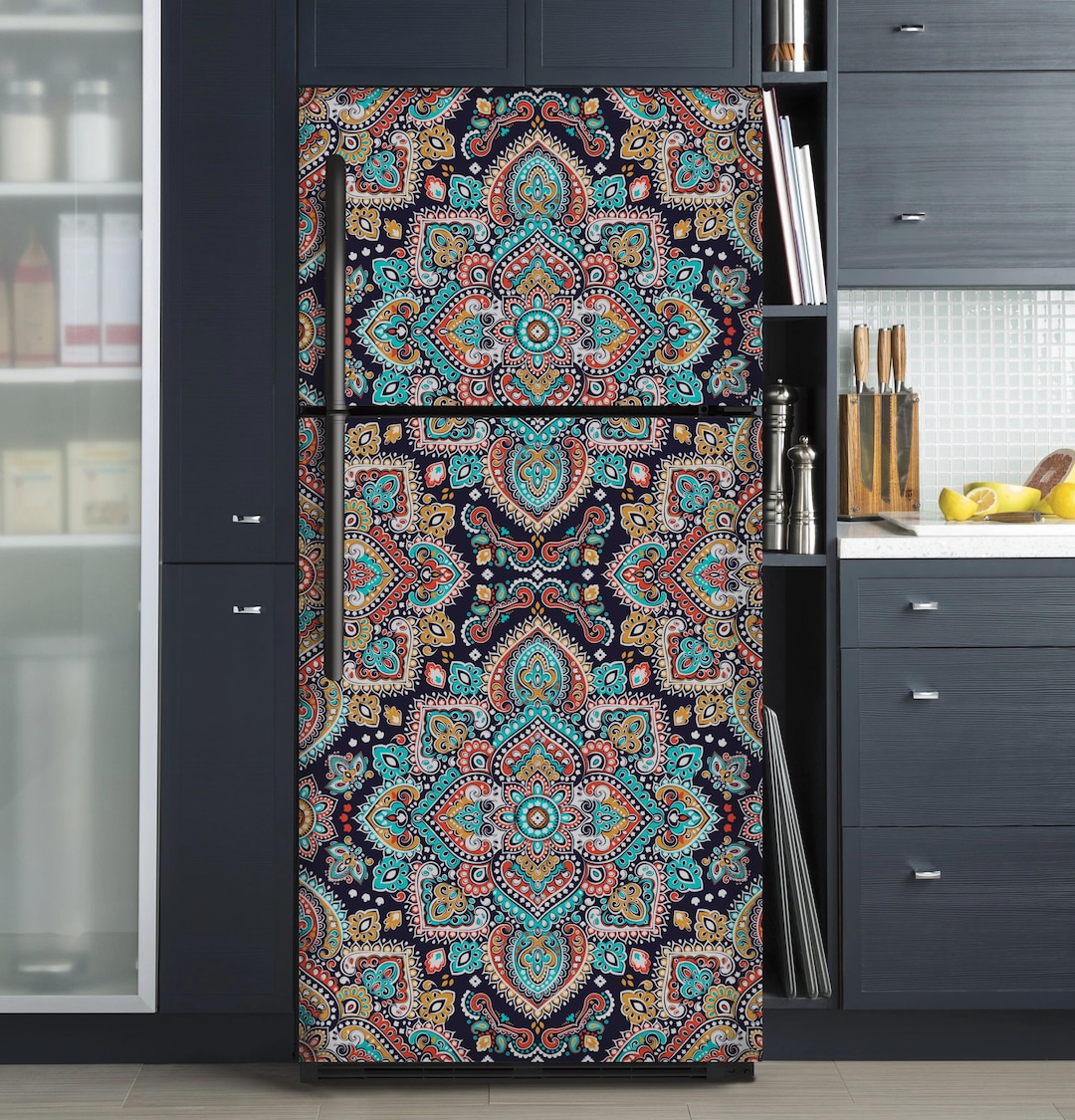 Blue Mandala Fridge Wrap, Refrigerator Wrap Vinyl Side by Side, Boho Decorative Top Bottom