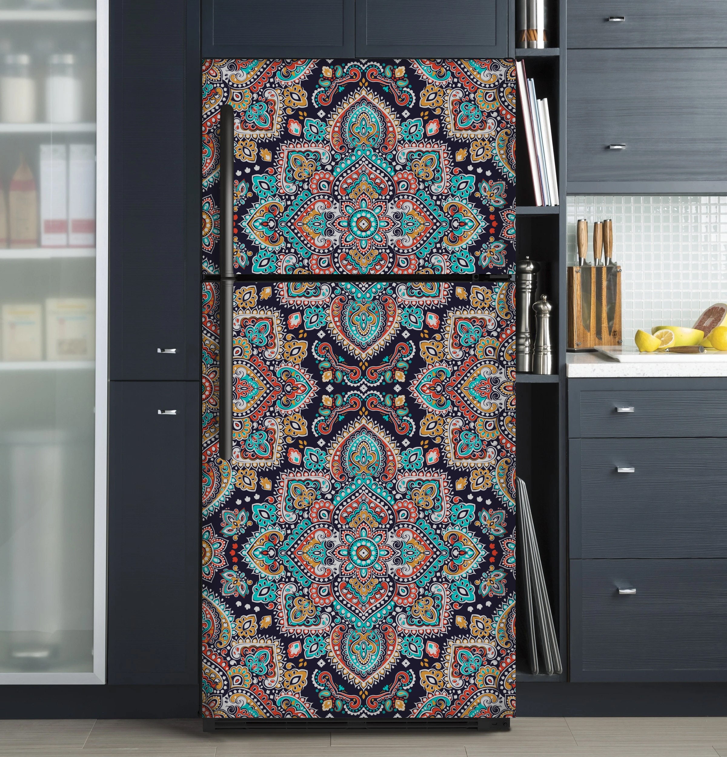 Boho Fridge Wrap Leaves Refrigerator Wrap Vinyl Side by Side Brown Teal  Decorative Top Bottom Freezer Decals Self Adhesive Kitchen Decor 