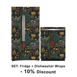 May include: A set of two refrigerator and dishwasher wraps featuring a floral pattern with a dark green background, red, yellow, and orange flowers, and the text "SET: Fridge + Dishwasher Wraps - 10% Discount".