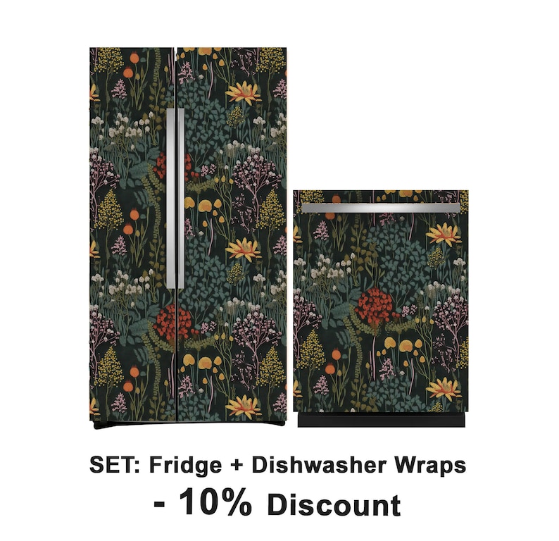 May include: A set of two refrigerator and dishwasher wraps featuring a floral pattern with a dark green background, red, yellow, and orange flowers, and the text "SET: Fridge + Dishwasher Wraps - 10% Discount".