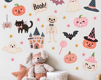 Vinilos decorativos rosas de Halloween para pared, pegatinas de calabazas y fantasmas adorables, decoración para habitaciones de niñas.
