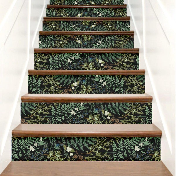Stair Riser Decals Botanical, Dark Fern Stair Decals, Staircase Decals Peel & Stick Vinyl, Stair Riser Stickers, Stairway Decal Strips Decor