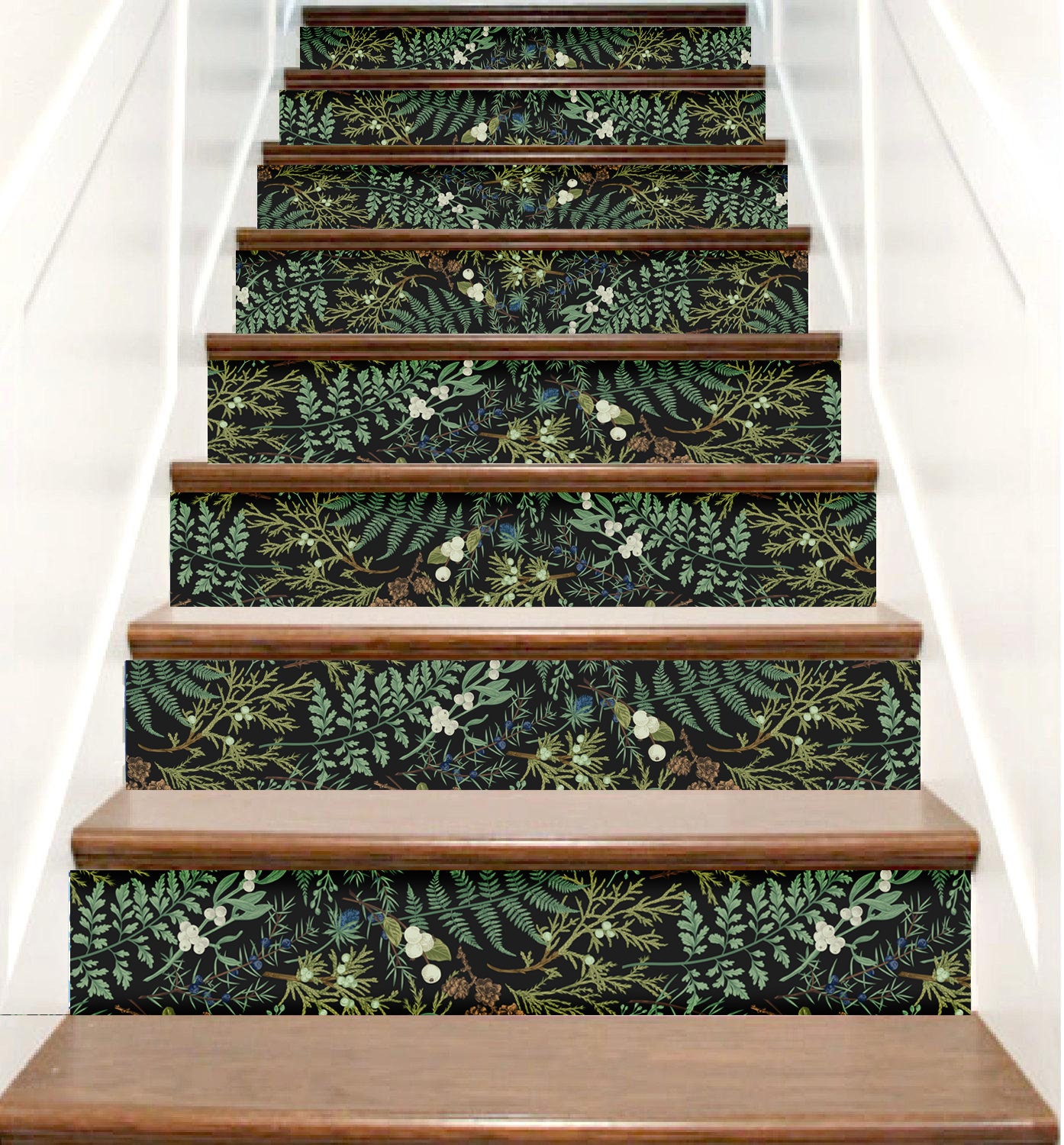 Watercolor Botanical Leaves Peel and Stick Stair Riser Strips (Grey, 15 Pack  48