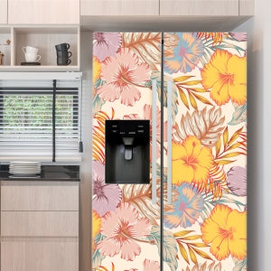 Fridge Wrap Tropical Floral, Refrigerator Wrap Vinyl Side by Side, Flowers Decorative Top Bottom Freezer Decals Self Adhesive, Kitchen Decor