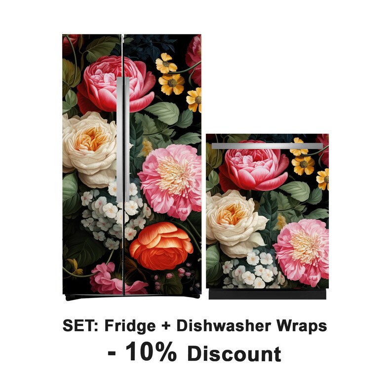 Refrigerator Wrap Floral Vintage Fridge Wrap Vinyl Side by Side Black ...