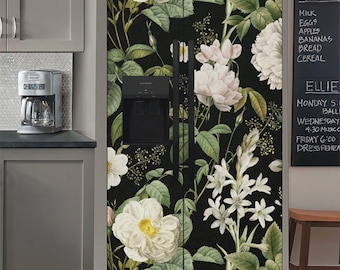 Refrigerator Wrap Vintage Floral, Retro Fridge Wrap Vinyl Side by Side, Black Decorative Fridge Decals Self Adhesive, Flower Kitchen Decor