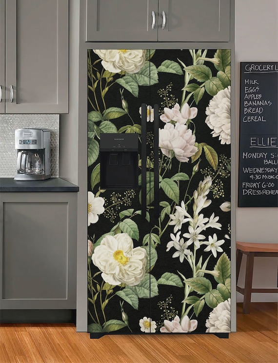 Refrigerator Wrap Vintage Floral, Retro Fridge Wrap Vinyl Side by Side,  Black Decorative Fridge Decals Self Adhesive, Flower Kitchen Decor 