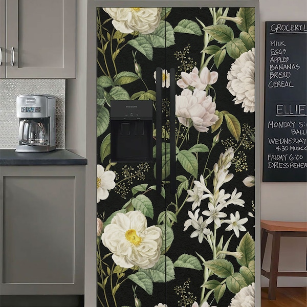 Kühlschrankfolie Vintage Floral, Retro-Kühlschrankverpackung Vinyl Side by Side, schwarze dekorative Kühlschrankaufkleber selbstklebend, Blumenküchendekoration