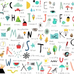 May include: A colorful alphabet chart with illustrations for each letter. The illustrations are hand-drawn and include objects like an apple, a branch, a cloud, a car, a dinner plate, a drop of water, an egg, an eye, a face, a gem, a grass patch, a home, an insect, a jellyfish, a jug, a king, a leaf, a mushroom, a nest, an ocean, a pencil, a planet, a quail, a rain cloud, a rice bowl, a snowflake, a star, a teacup, a tree, an umbrella, a volcano, a watermelon, a worm, an x-ray, a yacht, a yellow sun, and a zebra.