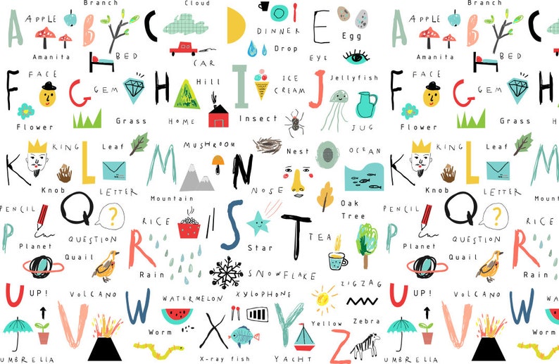 May include: A colorful alphabet chart with illustrations for each letter. The illustrations are hand-drawn and include objects like an apple, a branch, a cloud, a car, a dinner plate, a drop of water, an egg, an eye, a face, a gem, a grass patch, a home, an insect, a jellyfish, a jug, a king, a leaf, a mushroom, a nest, an ocean, a pencil, a planet, a quail, a rain cloud, a rice bowl, a snowflake, a star, a teacup, a tree, an umbrella, a volcano, a watermelon, a worm, an x-ray, a yacht, a yellow sun, and a zebra.