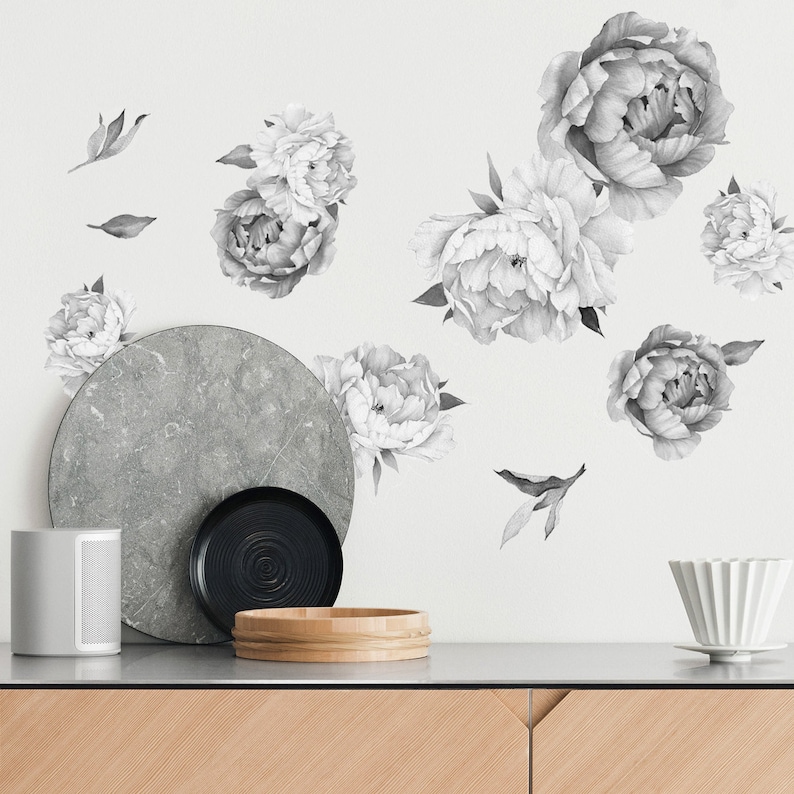 Peony Wall Decals Black and White Floral Wall Decals Etsy