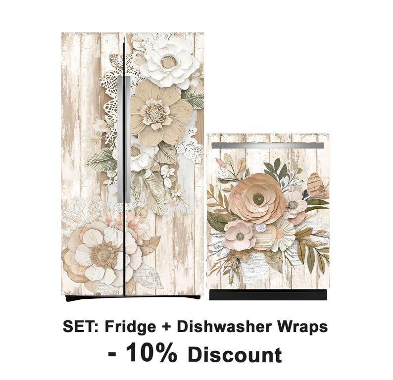 Fridge Wrap Floral Beige, Refrigerator Wrap Vinyl Side by Side Top ...