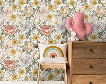 Boho Floral Wallpaper Nursery Peel and Stick, Vintage Flower Wallpaper for Girls Removable, Floral Mural Vinyl Wallpaper Self Adhesive
