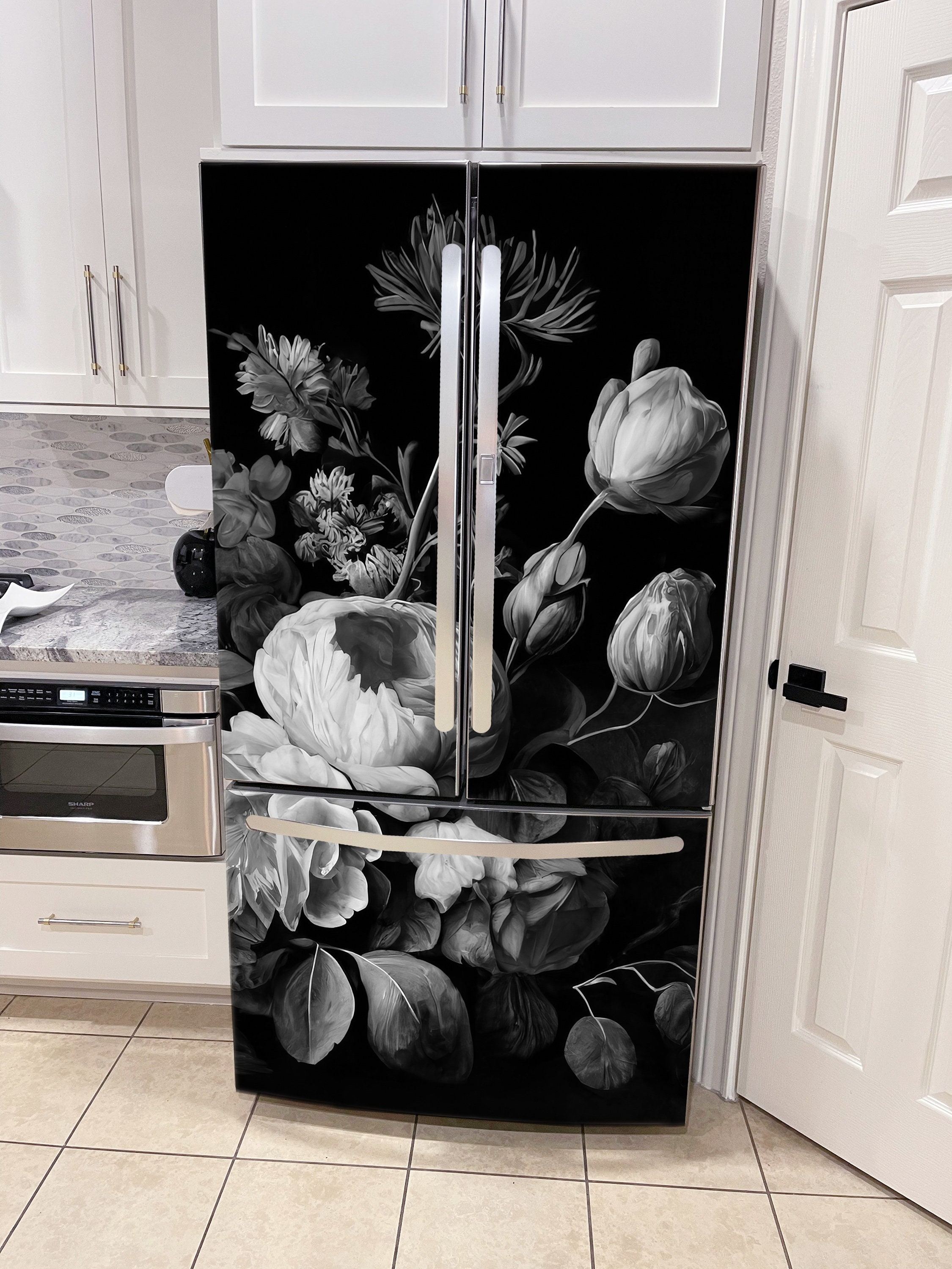 2 Pellicole Adesive Rimovibili Stile Ukiyo-E Per Frigorifero – Bianco E Nero, 41,5x200 Cm, Per Cucina E Bar