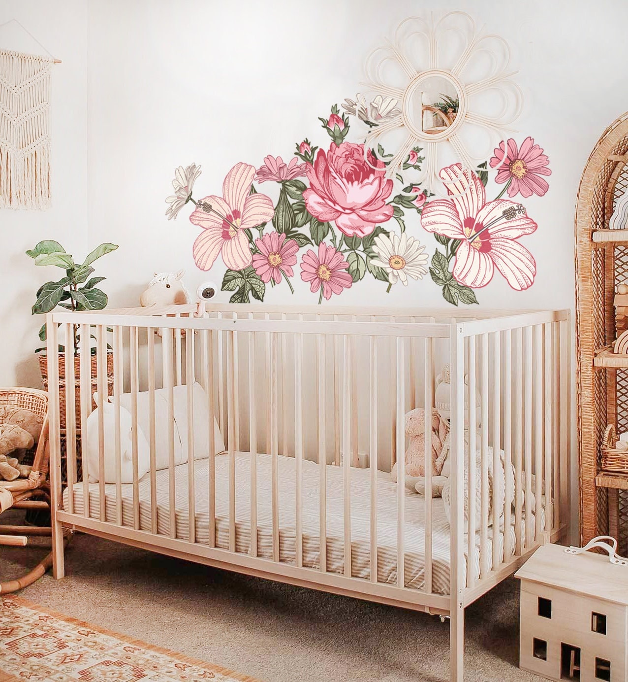Floral Wall Decals Nursery, Pink Flower Wall Decal for Girl Bedroom ...