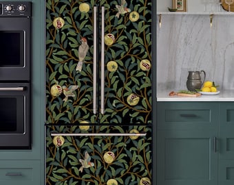 Fridge Wrap William Morris Botanical, Refrigerator Wrap Vinyl, Vintage Lemons Fridge Decals Self Adhesive Skin, Dark Green Kitchen Decor