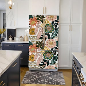 A white refrigerator wrap with a floral pattern on the front. The pattern features pink, green, yellow, and orange flowers and leaves.