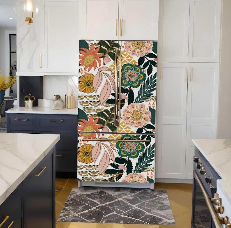 A white refrigerator wrap with a floral pattern on the front. The pattern features pink, green, yellow, and orange flowers and leaves.