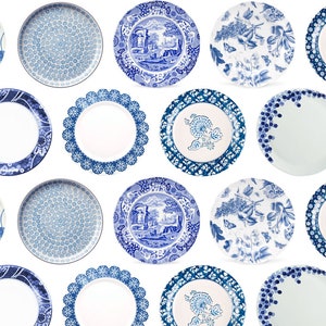 Puede incluir: Una colecci&oacute;n de 18 platos de cer&aacute;mica azul y blanco con varios patrones, incluyendo dise&ntilde;os florales, geom&eacute;tricos y paisley.