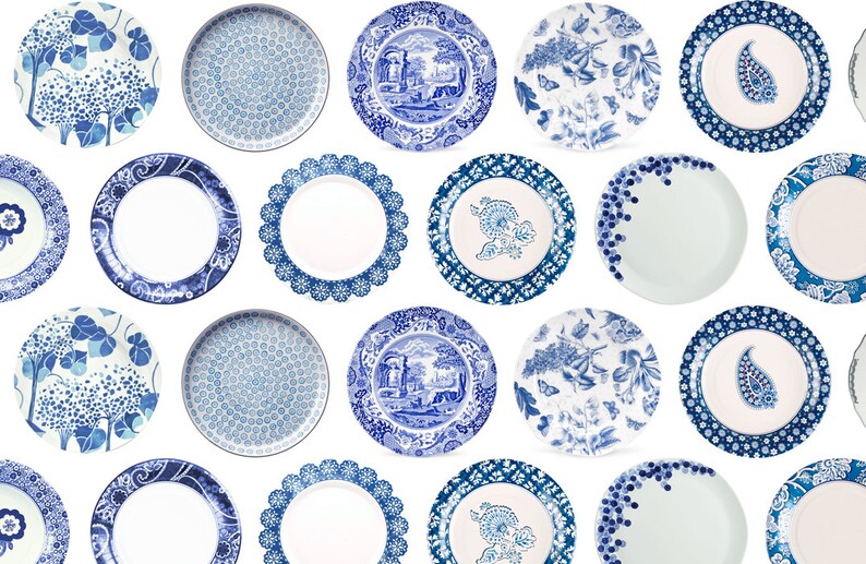 Puede incluir: Una colecci&oacute;n de 18 platos de cer&aacute;mica azul y blanco con varios patrones, incluyendo dise&ntilde;os florales, geom&eacute;tricos y paisley.