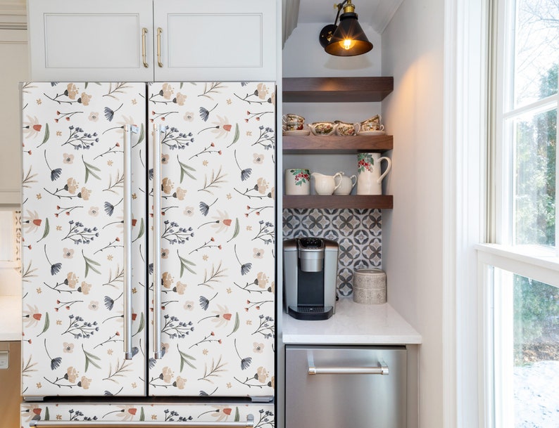 White Fridge Wrap Floral, Refrigerator Wrap Side by Side Vinyl