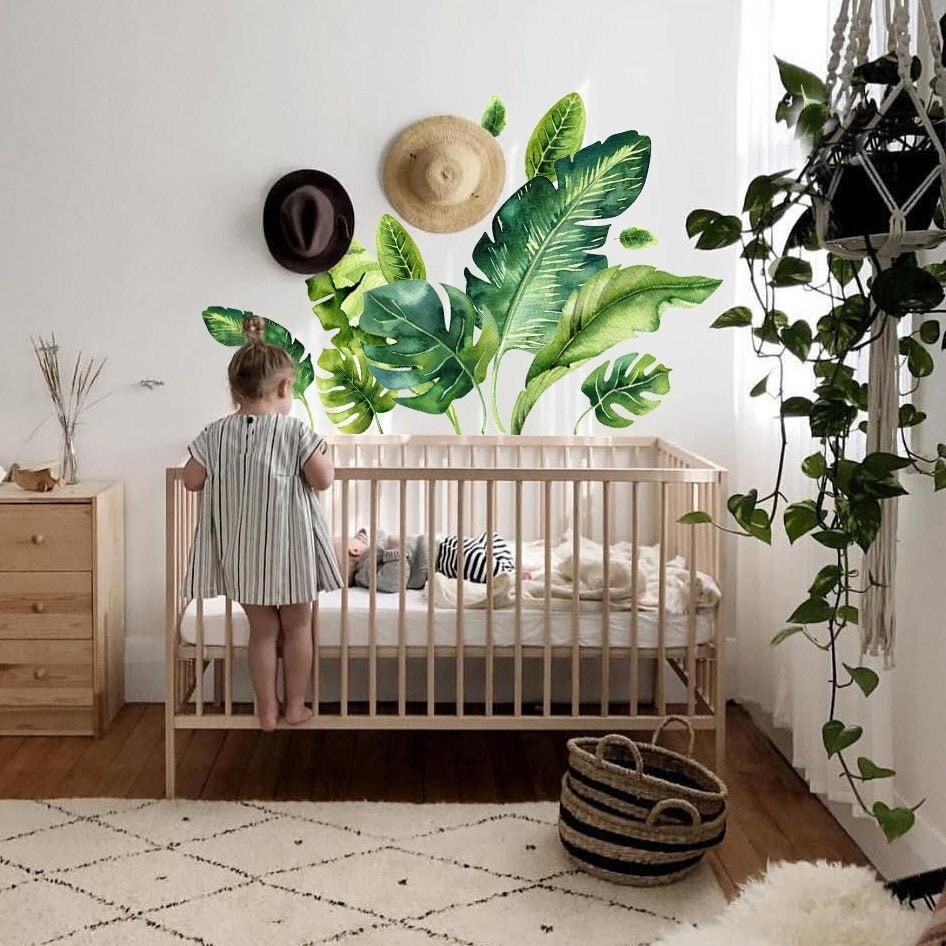 Jungle Leaf Wall Decal Nursery, Bathroom Tropical Leaf Wall Decal, Palm Banana Leaf Wall Stickers, Safari Tropical Plants Decal Peel & Stick