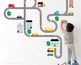 Calcomanía de pared de coches para habitación de niño, calcomanía de vinilo de transporte, calcomanías de carretera para dormitorio de niño, calcomanías de pared con temática de coches para despegar y pegar