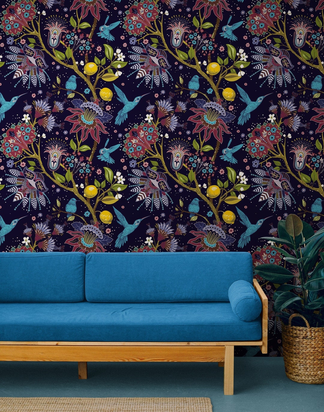 Dark Navy Floral Wallpaper Peel & Stick, Dark Vintage Botanical