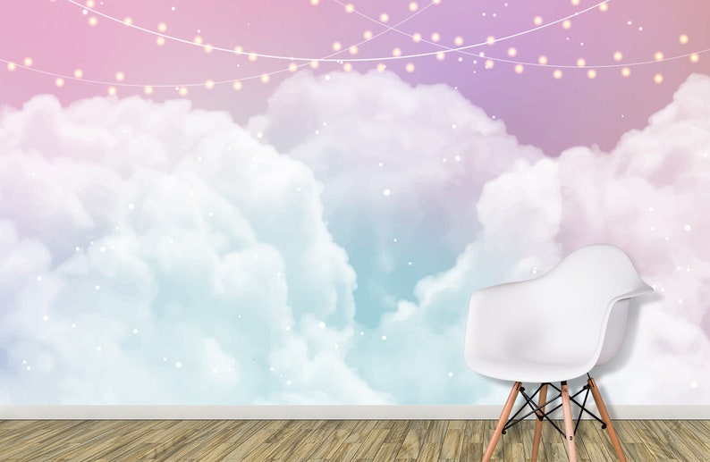 Girl Nursery Wallpaper Pink Cloud Sky Wallpaper for Girls Etsy