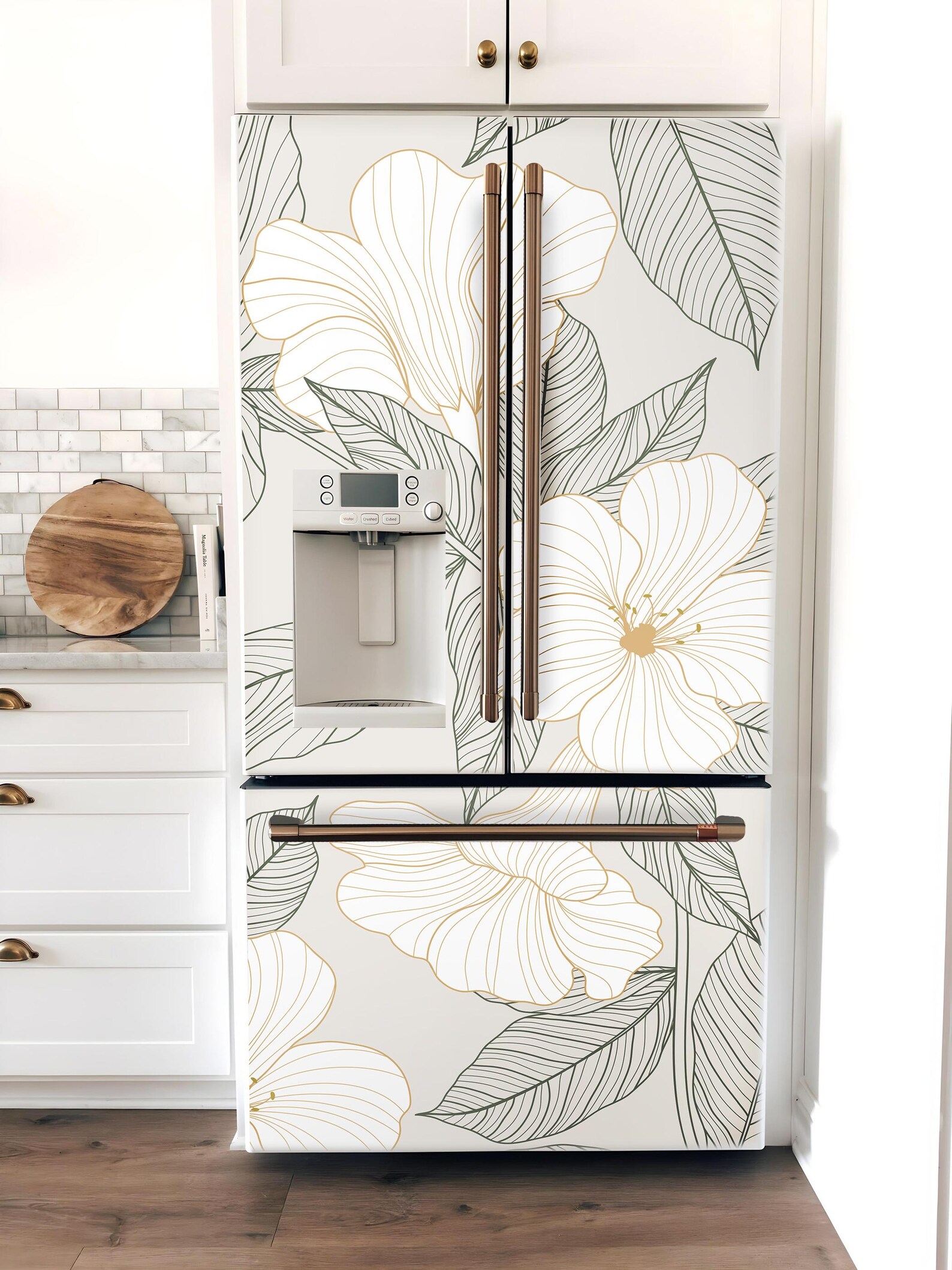 Fridge Wrap Vinyl Floral, Refrigerator Skin, Top Bottom Freezer Decals ...