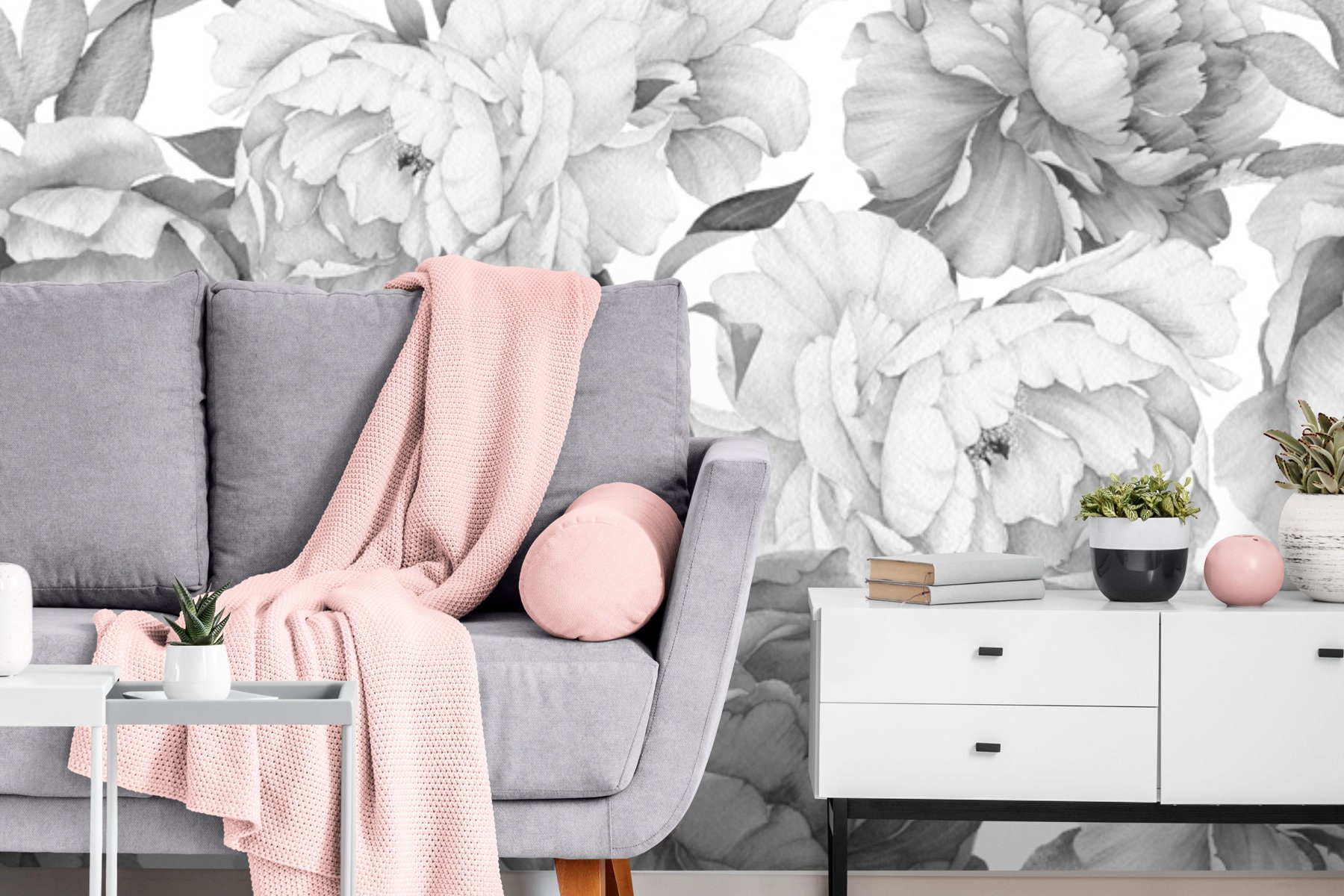 Peony Wall Mural Black and White Wall Murals Peel and Stick Etsy