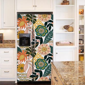 A white side by side refrigerator wrap with a boho floral patterned design in shades of green, pink, yellow, and orange.