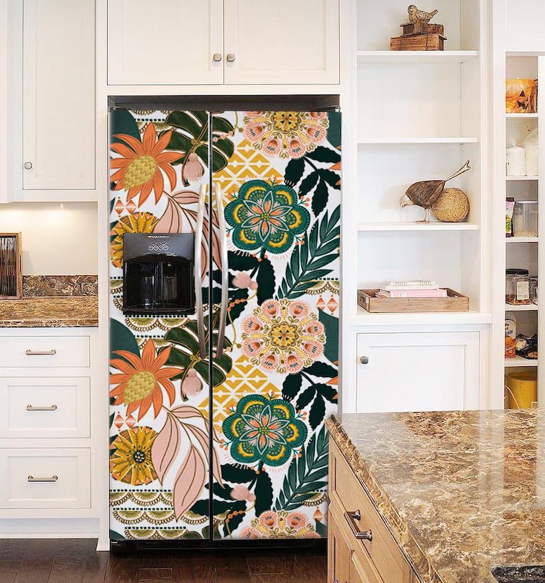 A white side by side refrigerator wrap with a boho floral patterned design in shades of green, pink, yellow, and orange.