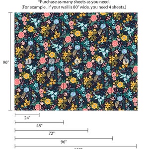 May include: Floral wallpaper with a dark navy background and a pattern of pink, yellow, and blue flowers. The wallpaper is 96 inches high and available in sheets of various widths, from 24 inches to 120 inches. Text on the image says, "Purchase as many sheets as you need."