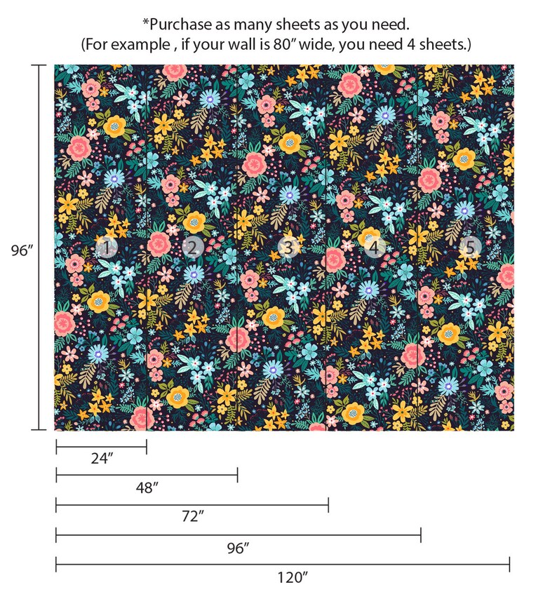 May include: Floral wallpaper with a dark navy background and a pattern of pink, yellow, and blue flowers. The wallpaper is 96 inches high and available in sheets of various widths, from 24 inches to 120 inches. Text on the image says, "Purchase as many sheets as you need."